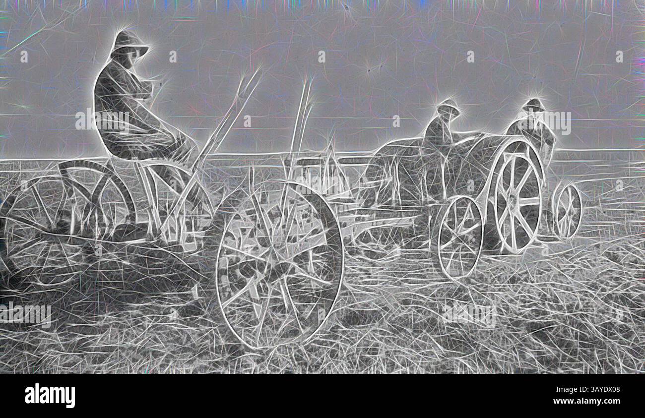Due agricoltori che utilizzano aratri trainati da cavalli lavorano insieme in un campo, mostrando la collaborazione e l'impegno nell'agricoltura tradizionale. La scena cattura l'essenza della vita rurale, con gli aratri e il paesaggio circostante che enfatizzano il loro legame con la terra. Negativo - Chillingollah, Victoria, 1930, aratura di un campo su trattore sulla "Tyrrell Range"., arte classica con un tocco moderno reinventata da Artotop Foto Stock
