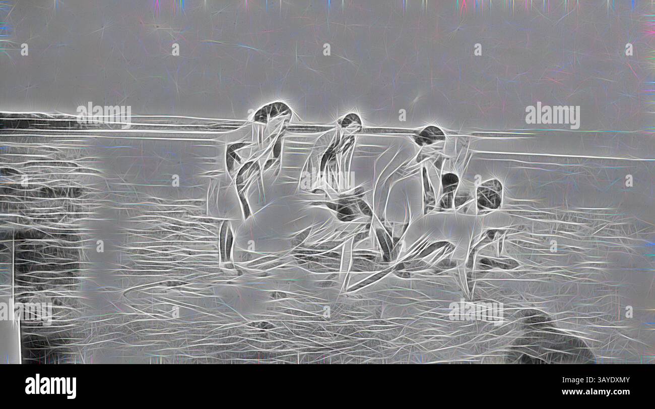 Un gruppo di persone si riunisce sulla riva, impegnato in attività sul bordo dell'acqua. Alcuni sembrano esplorare, mentre altri sembrano focalizzati su un oggetto nella sabbia, creando una scena vivace in riva alla spiaggia., negativo - Lago Tyrell, Victoria, 1930, Un certo numero di donne che gareggiano in una corsa "carriola"., arte classica con un tocco moderno reinventata da Artotop Foto Stock