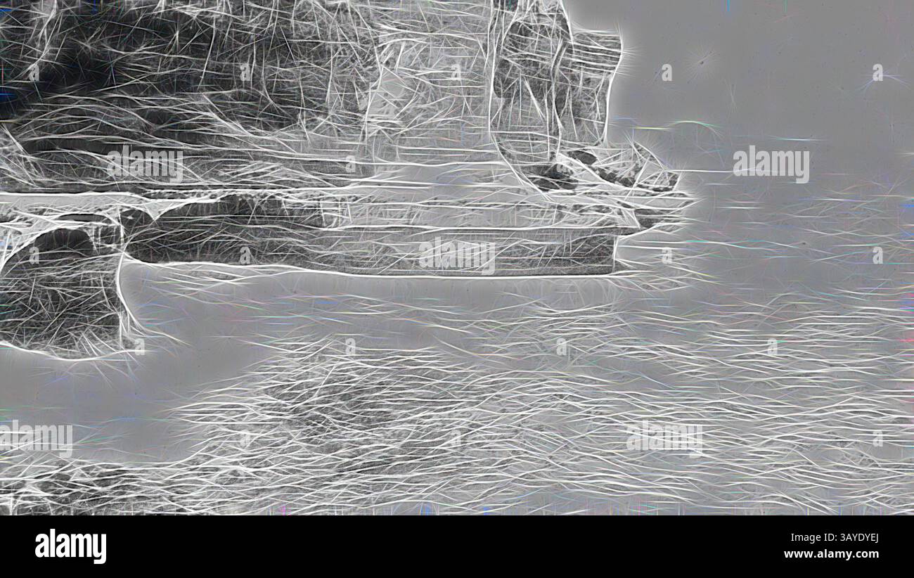 Le onde si infrangono dolcemente su una costa rocciosa, con linee intricate che creano una texture surreale che esalta il contrasto tra terra e mare. Negativo - Port Campbell, Victoria, circa 1935, Cliffs and surf a Port Campbell., arte classica con un tocco moderno reinventata da Artotop Foto Stock