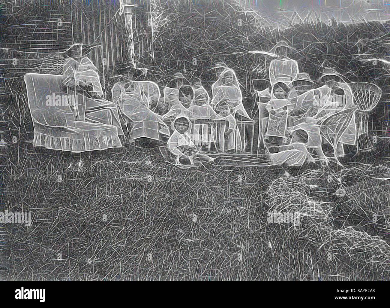 Un gruppo di individui si riunisce all'aperto, seduti su sedie e sull'erba, impegnati in varie attività. Alcuni sembrano leggere o guardare oggetti, mentre i bambini giocano nelle vicinanze, creando un'atmosfera calda e comune., negativo - festa di compleanno, Hamilton, Victoria, 1919, Un gruppo di madri e bambini a una festa di compleanno nel giardino della casa 'Dordon', Ballarat., arte classica con un tocco moderno reinventata da Artotop Foto Stock