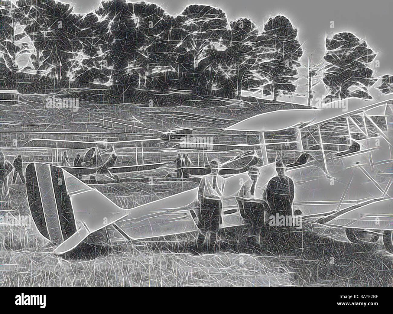 Un gruppo di persone si trova vicino ai biplani parcheggiati in un campo erboso, circondato da alberi. La scena cattura l'essenza dell'aviazione antica, evidenziando il legame storico tra gli individui e l'aereo., negativo - Gypsy Moth Aeroplanes, Casterton, Victoria, 1935, Un gruppo di aerei all'ippodromo di Casterton. L'aereo sembra essere zingaro, arte classica con un tocco moderno reinventata da Artotop Foto Stock