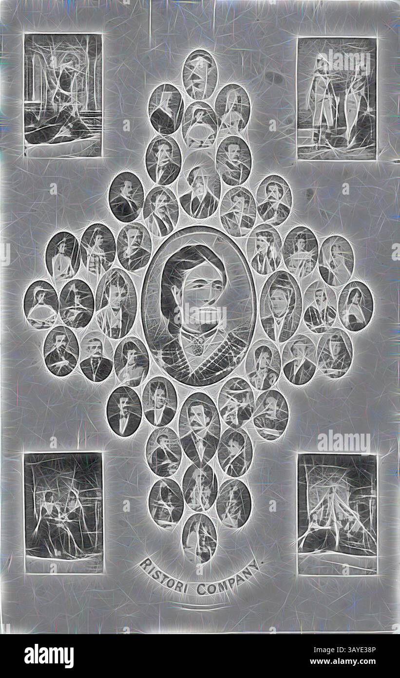 Un collage di ritratti e figure disposte a croce, con individui di varie esibizioni, con un'immagine centrale che evidenzia una figura prominente. Le immagini circostanti catturano un mix di pose drammatiche e scene teatrali, tutte collegate alla Ristori Company., negative - Ballarat, Victoria, circa 1875, pubblicità per la Ristori Theatre Company. Ci sono fotografie di tutti i membri della compagnia raggruppati intorno a una fotografia più grande della protagonista, mentre le scene delle loro produzioni appaiono ad ogni angolo., arte classica con un tocco moderno reinventata da Foto Stock