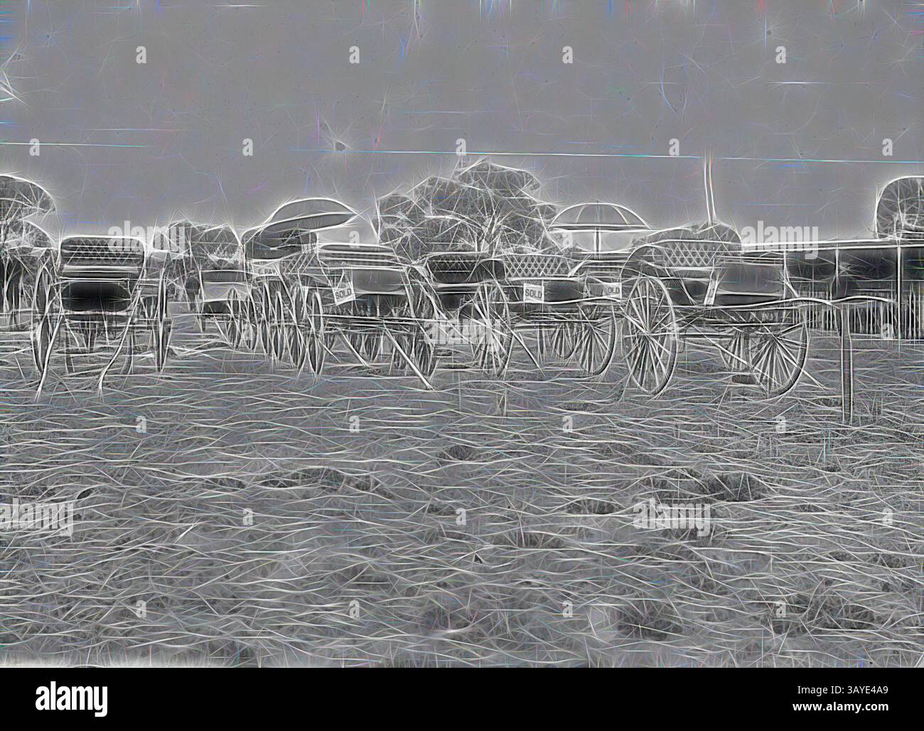 Una fila di carrelli vintage si trova in un campo aperto, i cui dettagli sono evidenziati su uno sfondo testurizzato. La scena evoca un senso di nostalgia e un legame con i tempi più semplici. Negativo - Wentworth, New South Wales, circa 1900, carrozze in vendita. Sono stati costruiti da E.. St K. Pay e alcuni di loro recano avvisi di vendita. Due di loro hanno aperto ombrelli sopra di loro, arte classica con un tocco moderno reinventata da Artotop Foto Stock