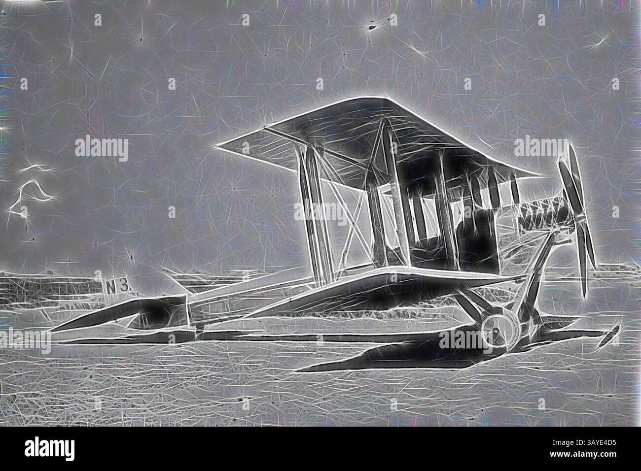 Un biplano d'epoca con una cabina di pilotaggio aperta e grandi ali, appoggiato su una pista, che mostra il suo design classico e il suo fascino retrò. Negative - Airco DH.6 Biplane, Victoria, circa 1920, un biplano Airco DH.6 che porta il marchio 'N3'., arte classica con un tocco moderno reinventato da Artotop Foto Stock