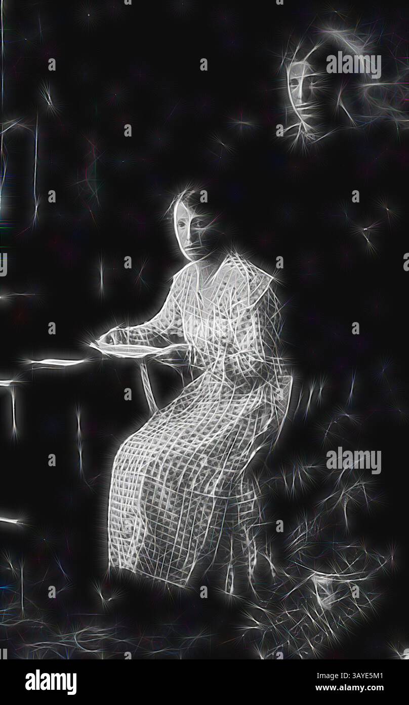 Una giovane donna siede premurosamente a un tavolo, le sue delicate caratteristiche si illuminano delicatamente, mentre una figura fantasma rimane sullo sfondo, aggiungendo un'aria di mistero alla scena., negativo - Richmond, Victoria, 1915, Una donna che scrive una lettera. C'è l'immagine di un soldato nell'angolo superiore. Arte classica con un tocco moderno reinventata da Artotop Foto Stock