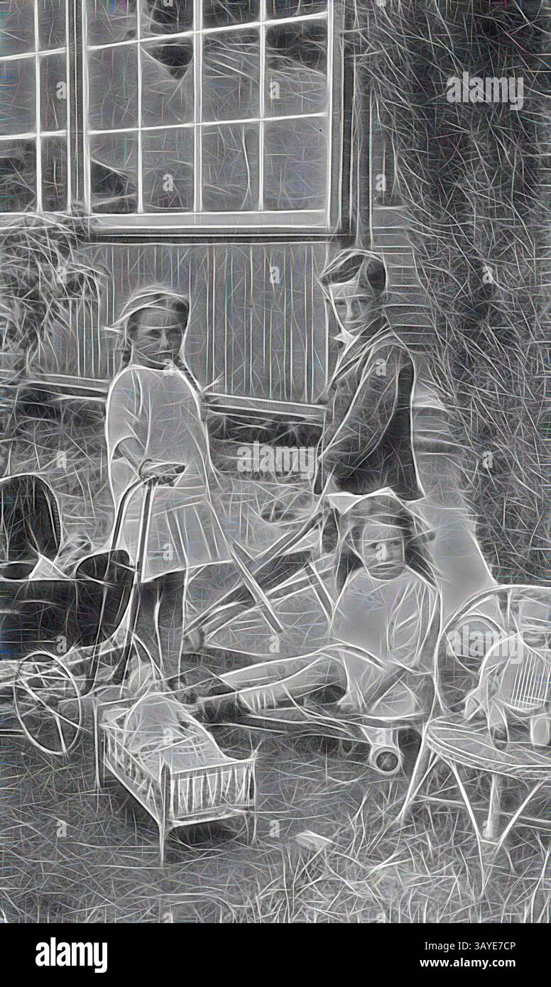Tre bambini sono giocosi impegnati in una scena piena di giocattoli vintage, tra cui un passeggino e un piccolo carro. L'ambiente suggerisce un'atmosfera allegra, con i bambini vestiti con abiti semplici e classici e circondati dal verde. L'innocenza del loro gioco mette in risalto un momento nostalgico dell'infanzia., negativo - Koroit, Victoria, circa 1920, Un ragazzo e due bambine con i loro giocattoli., arte classica con un tocco moderno reinventata da Artotop Foto Stock
