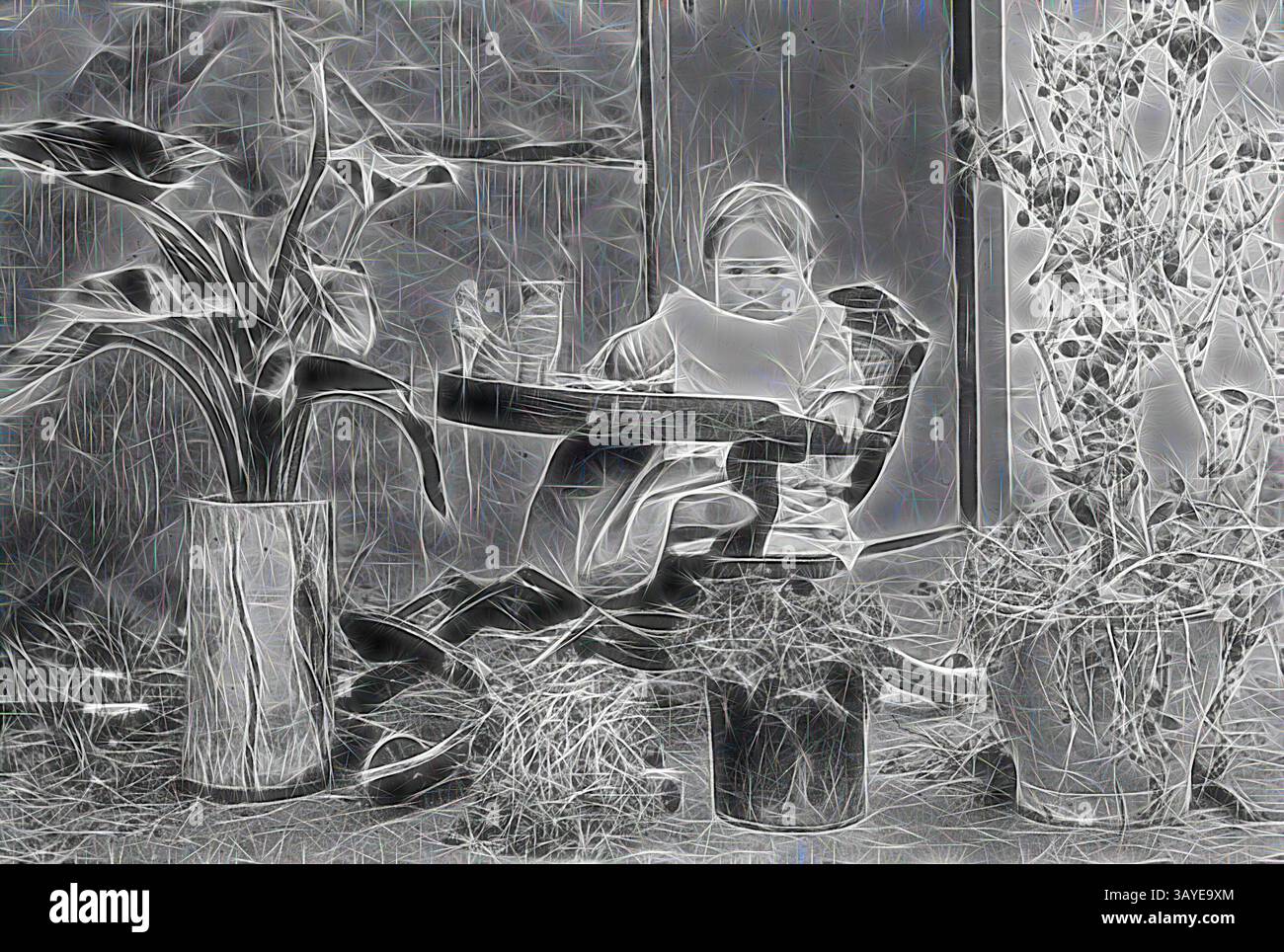 Una figura si siede tra piante in vaso, tenendo delicatamente una chitarra mentre è immersa in un momento di riflessione e creatività, circondata da vegetazione lussureggiante e elementi botanici testurizzati., negative - Adelaide (?), South Australia, circa 1875, Un bambino in seggiolone con il suo (?) Giocattoli sul vassoio La sedia sembra essere regolabile in altezza. Intorno alla sedia sono presenti numerose piante in vaso. Arte classica con un tocco moderno reinventata da Artotop Foto Stock