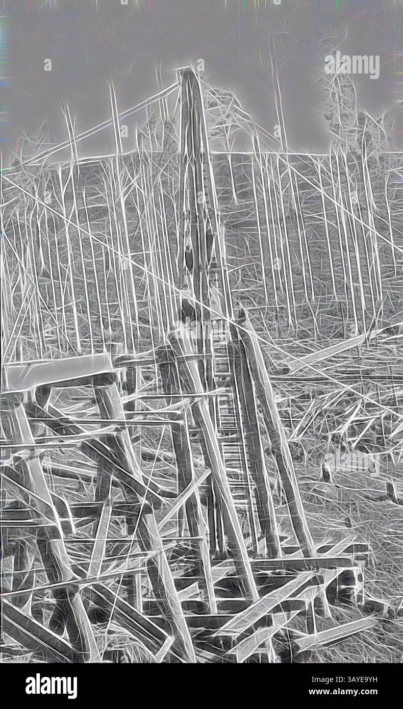 Rappresentazione astratta di un paesaggio desolato caratterizzato da tronchi di alberi scheletrici e una struttura frammentata, che evoca un senso di decadimento e resti dimenticati della natura. Negativo - East Gippsland, Victoria, 1914, il ponte ferroviario di Stony creek in costruzione. Questo era sulla linea Bairnsdale-Orbost. Un certo numero di persone sono in piedi sulla struttura, arte classica con un tocco moderno reinventata da Artotop Foto Stock