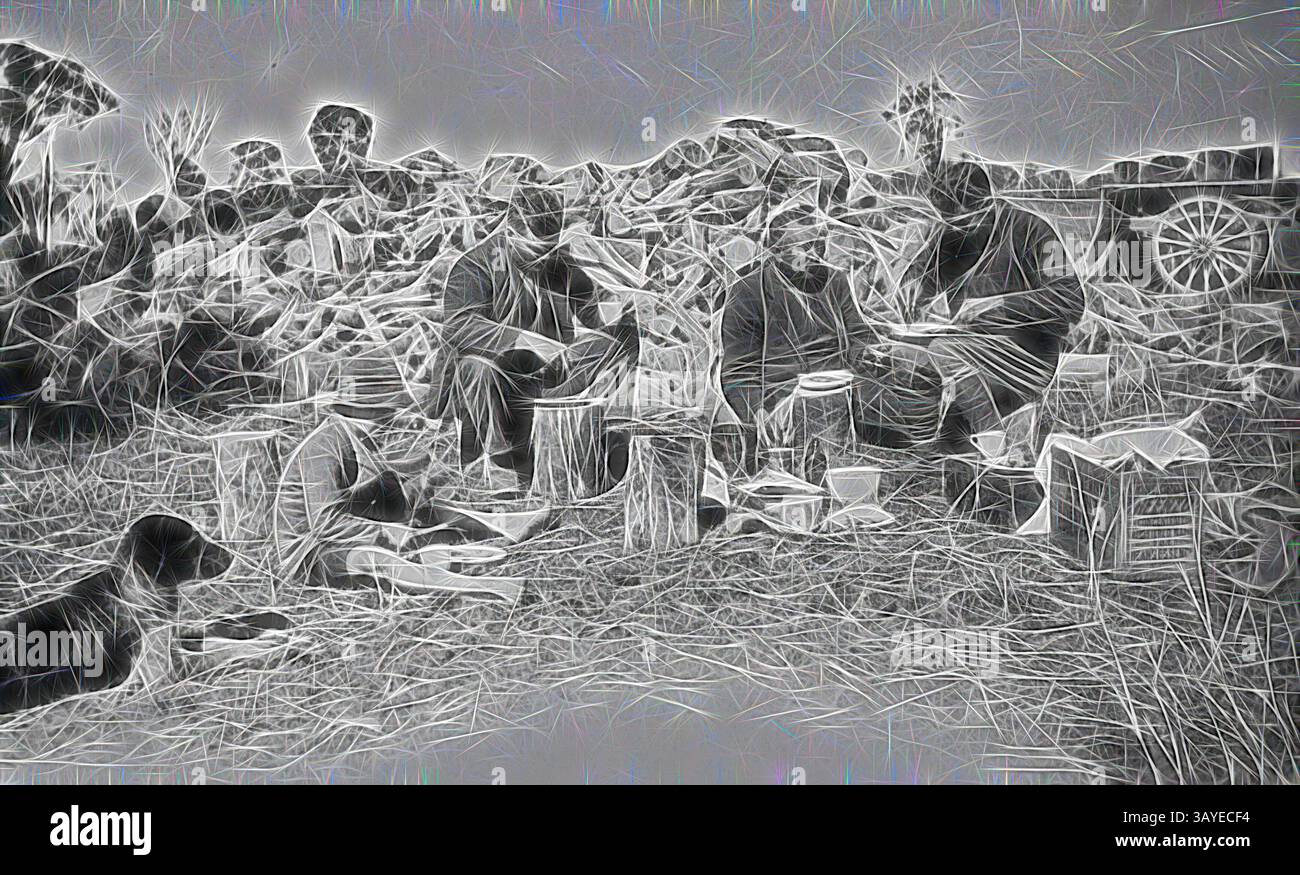 Un gruppo di individui siede insieme in un ambiente all'aperto circondato da detriti sparsi, impegnati in varie attività mentre il bestiame riposa nelle vicinanze. La scena cattura un momento di comunità e interazione in un ambiente aspro. Negativo: I lavoratori della fattoria pranzano accanto a un legna da ardere Heap, Wangaratta District, Victoria, circa 1930, tre uomini e un ragazzo fanno una pausa pranzo (o cena a mezzogiorno). Sembra che abbiano tagliato legno e siano seduti su blocchi di legno di fronte a un grande cumulo di legno. C'è un cane sdraiato vicino al ragazzo sulla sinistra e parte di un carro trainato da cavalli sullo sfondo. Poll Foto Stock