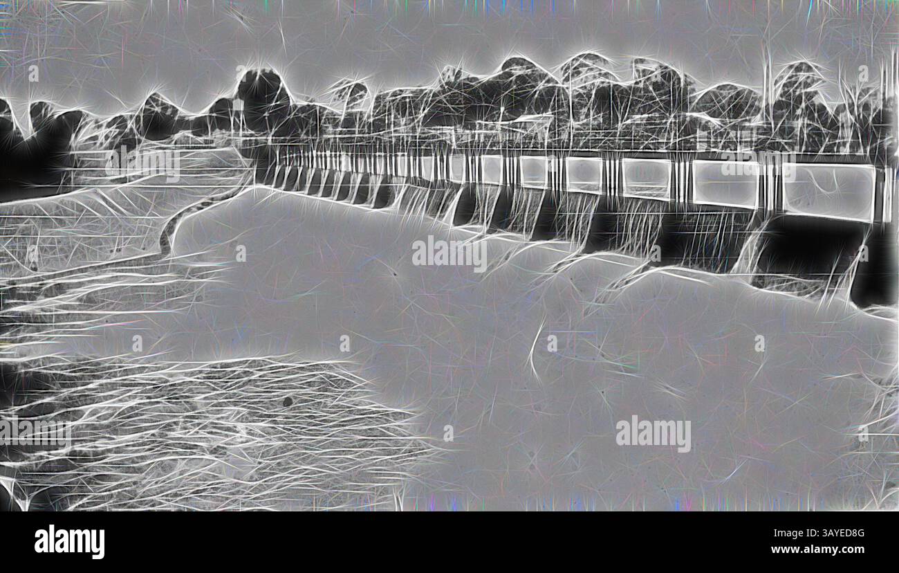 Un paesaggio sereno caratterizzato da un corpo d'acqua calmo delimitato da una lontana fila di alberi e da una diga strutturata. La scena cattura dolci increspature, evocando un senso di tranquillità e bellezza naturale. Negativo - Goulburn, New South Wales, 1930, Goulburn Weir nel New South Wales., arte classica con un tocco moderno reinventata da Artotop Foto Stock