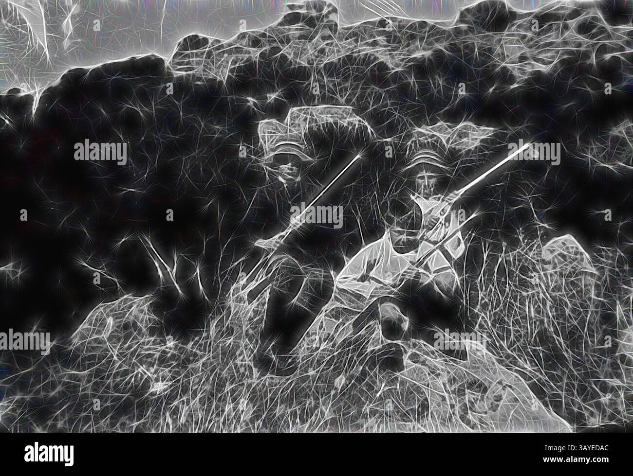 In mezzo a un terreno accidentato, sono visibili due figure che tengono in mano attrezzi con manici lunghi mentre sembrano impegnati in attività agricole o agricole. I dintorni sono lussureggianti e strutturati, suggerendo un legame con la terra e uno stile di vita tradizionale. Negativo - Camperdown District, Victoria, circa 1925, tre ragazzi con fucili seduti su un affioramento roccioso., arte classica con un tocco moderno reinventata da Artotop Foto Stock