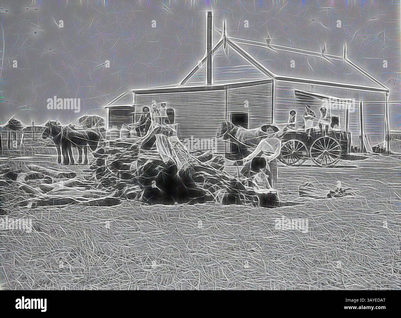 Una scena rustica con un fienile sullo sfondo, con cavalli nelle vicinanze e individui impegnati in varie attività, creando un senso di vita rurale e comunità. Negativo: Agricoltori che consegnano latte, Emu Flat, Victoria, 1893 anni, agricoltori che consegnano latte alla fabbrica e poi i loro figli a scuola. Ci sono due carri che trasportano lattine di latte sullo sfondo e, in primo piano, una pila di legna da ardere e una donna con un bambino in una carrozza. Arte classica con un tocco moderno reinventata da Artotop Foto Stock