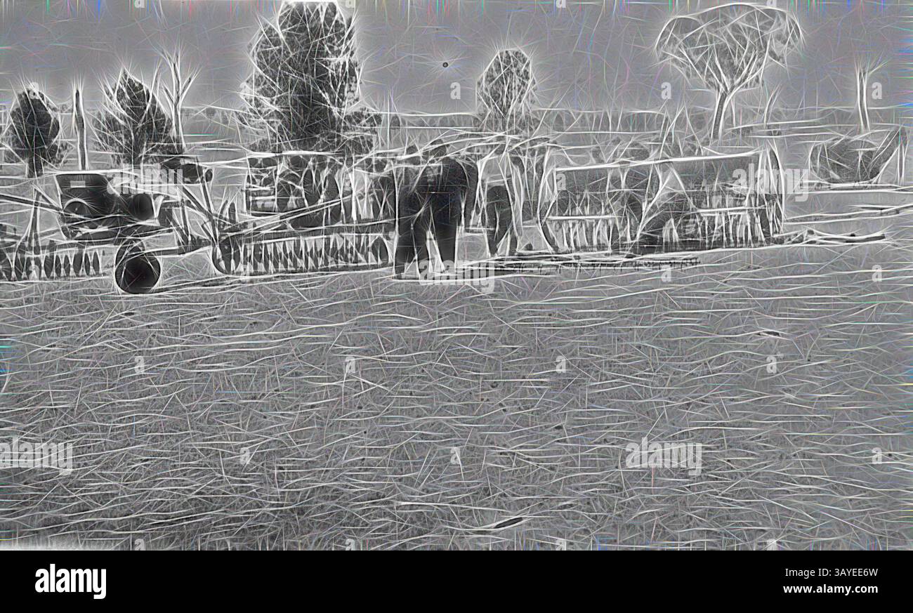 Un gruppo di individui lavora diligentemente tra file di tende, con alberi senza foglie e un campo esteso sullo sfondo, creando un'atmosfera di attività e scopo., negativo - Shepparton District (?), Victoria (?), circa 1925, Un gruppo di uomini con un certo numero di pezzi di macchine agricole. Il gruppo principale è riunito sullo sfondo. Questa potrebbe essere stata una vendita di compensazione., arte classica con un tocco moderno reinventata da Artotop Foto Stock