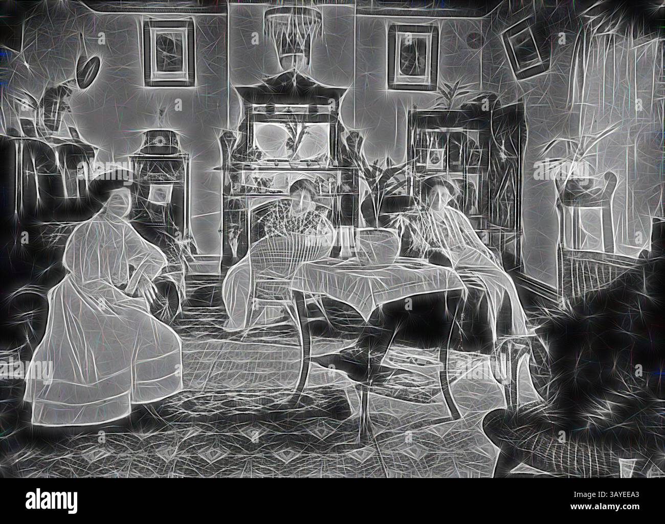 Un ambiente d'epoca con due donne elegantemente vestite sedute in un soggiorno arredato con gusto, completo di piante, caminetto e arredi intricati, che catturano un momento di svago e conversazione. Negativo - French Island, Victoria, circa 1900, tre donne nel salotto della stazione 'Lillesden Park'. Arte classica con un tocco moderno reinventata da Artotop Foto Stock
