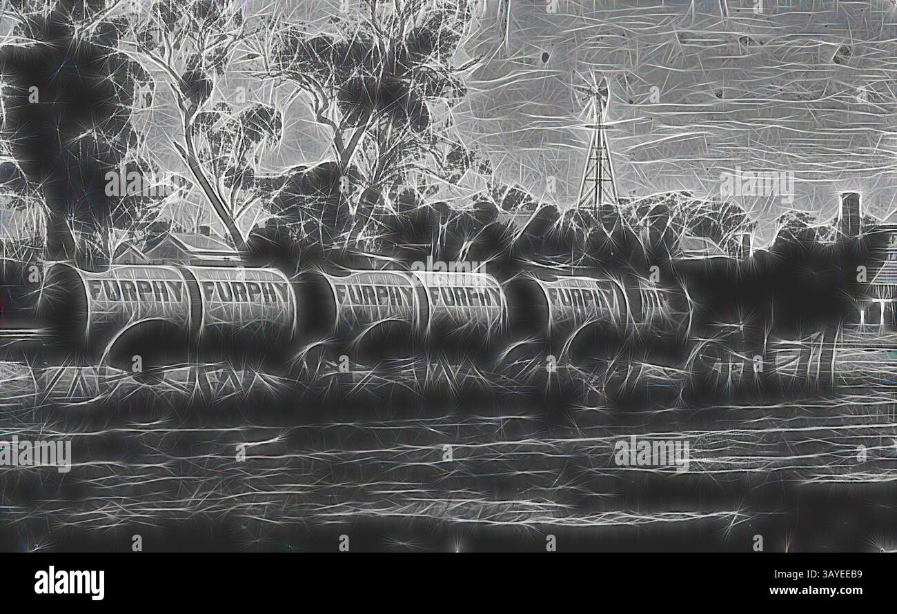 Una fila di vasche cilindriche etichettate "EUROPA" si erge su uno sfondo di alberi e un mulino a vento, con un cielo nuvoloso che esalta l'atmosfera surreale. Negativo - Shepparton District, Victoria, circa 1905, cavalli che tirano una serie di carretti d'acqua Furphy., arte classica con un tocco moderno reinventata da Artotop Foto Stock