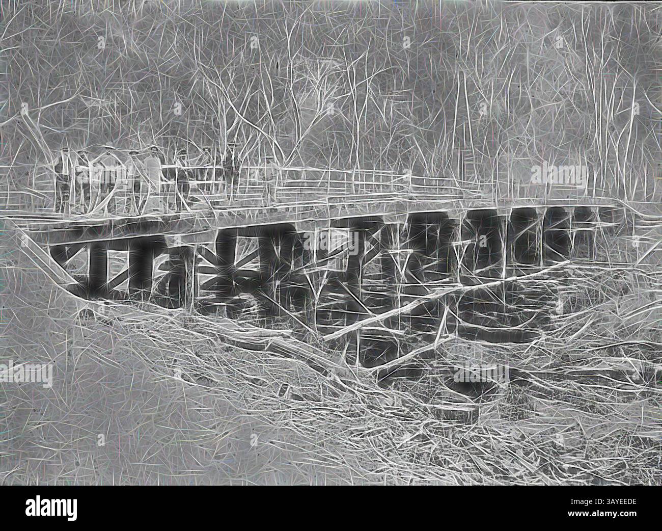 Un ponte di legno intempestivo si estende su un calmo corpo d'acqua, circondato da alberi sparsi e terreni accidentati. La scena trasmette un'atmosfera serena ma rustica, mettendo in risalto la bellezza della semplicità della natura. Negativo - Shepparton District, Victoria, circa 1905, costruzione di un ponte in legno sul fiume Goulburn., arte classica con un tocco moderno reinventata da Artotop Foto Stock