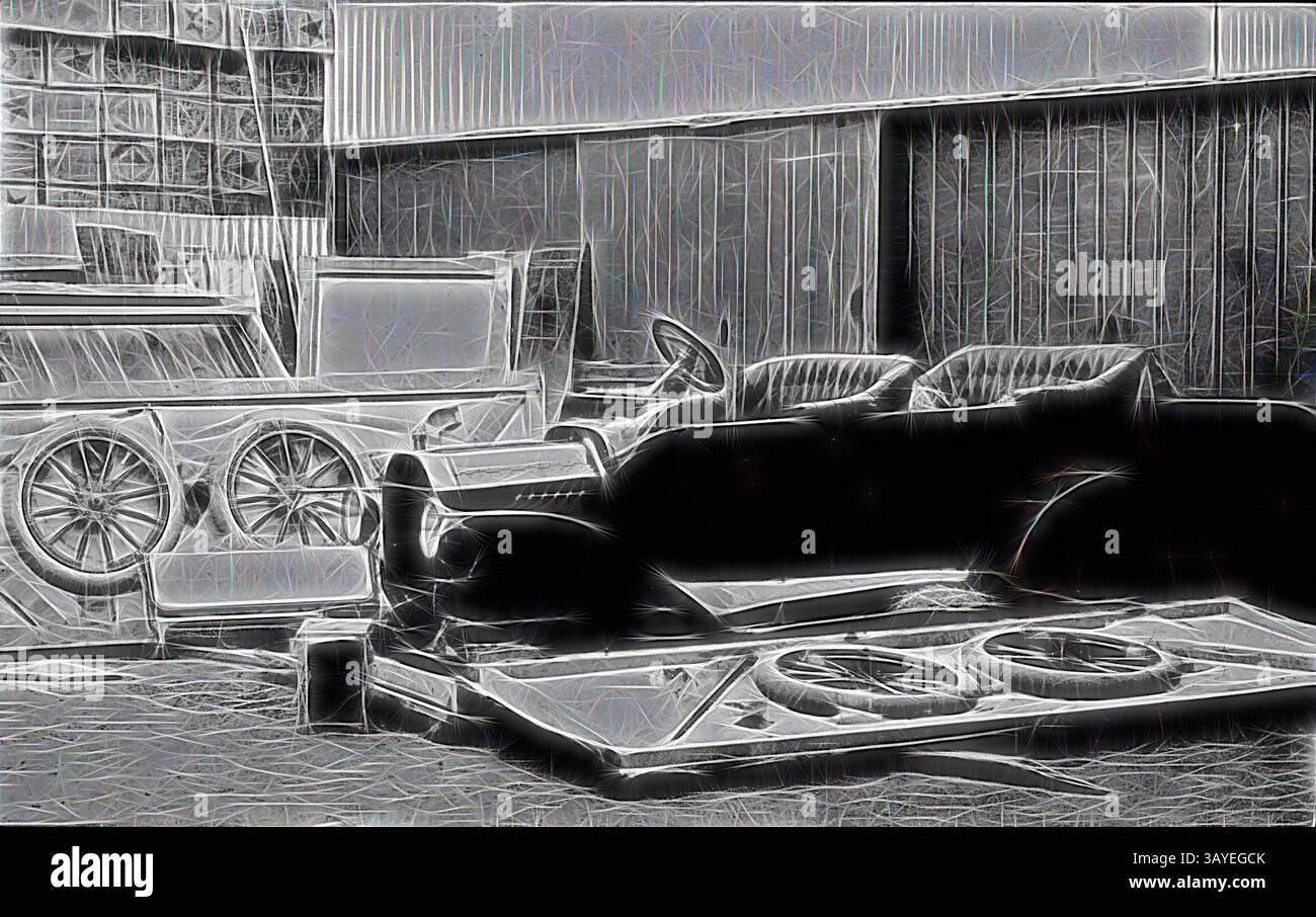 Una collezione di parti e materiali per auto d'epoca è allestita in un'officina, con una vecchia capote parzialmente ricoperta da un elegante sedile in similpelle. Intorno ad essa si trovano vari componenti e strumenti, che evocano un senso di nostalgia e artigianalità. Negativo - Castlemaine, Victoria, circa 1910, le automobili venivano importate in casse da imballaggio e poi assemblate dai commercianti. Questa è una Ford modello T nel cortile di Harrison's Garage, arte classica con un tocco moderno reinventata da Artotop Foto Stock