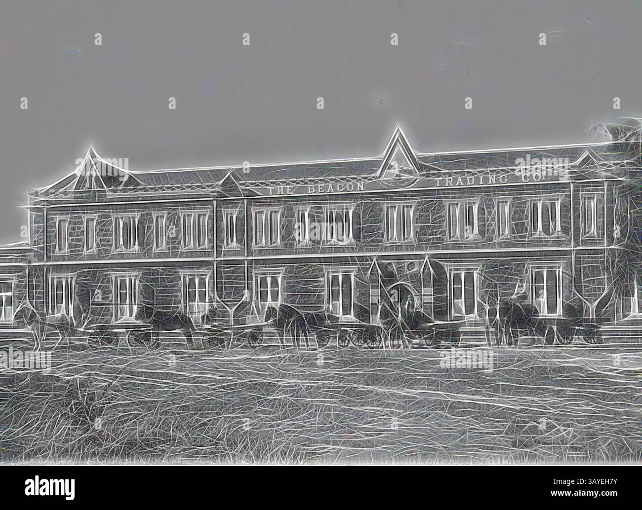 Un edificio storico chiamato "The Beacon Trading Co." si erge davanti a carrozze trainate da cavalli, che ne mostrano le caratteristiche architettoniche e un senso di intramontabilità. Negativo - Geelong, Victoria, circa 1920, carrelli di consegna di fronte alla Beacon Trading Company., arte classica con un tocco moderno reinventata da Artotop Foto Stock