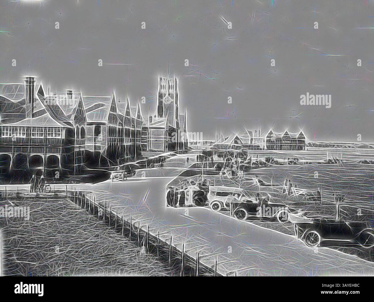 Vista panoramica sulla costa con edifici storici, tra cui un'importante torre dell'orologio, accanto a un vivace lungomare con auto d'epoca e una folla vivace, il tutto sullo sfondo del mare e della costa lontani. Negativo - Geelong, Victoria, 1918, Geelong Grammar School. Ci sono diverse auto disegnate sulla destra. Arte classica con un tocco moderno reinventata da Artotop Foto Stock