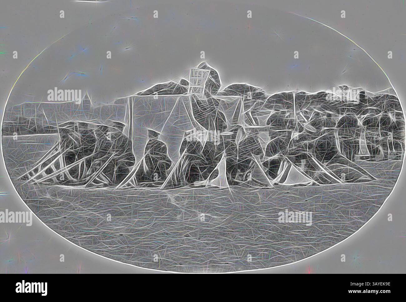Una scena stilizzata di formazioni rocciose frastagliate che emergono dall'acqua, con uno sfondo di colline lontane e una costa dolce, tutte raffigurate in modo strutturato e astratto., negative - Anzac Day Commemoration, Broadmeadows, Victoria, circa 1920, una cerimonia Anzac Day. Su una piattaforma un soldato accovacciato accanto a una figura prona, un soldato accanto alla piattaforma ha un cartello con la scritta "ALT WE FORGET". Un certo numero di soldati intorno alla piattaforma accovacciano con le loro bandiere abbassate. C'è una band sullo sfondo., arte classica con un tocco moderno reinventata da Artotop Foto Stock