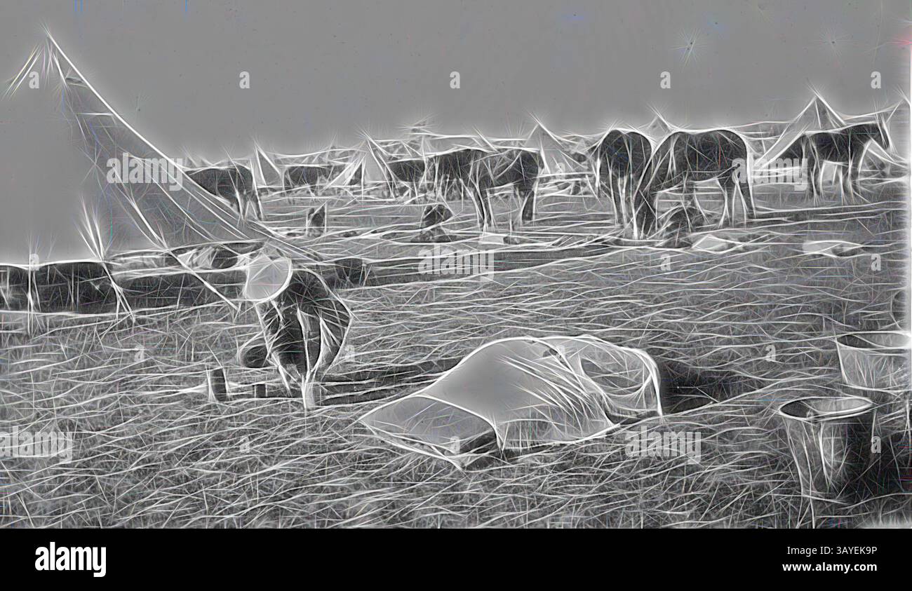 Un tranquillo campeggio presenta una persona inginocchiata a terra vicino a una coperta, con diversi cavalli che pascolano nelle vicinanze e tende disposte sullo sfondo, creando un'atmosfera tranquilla all'aperto. Negativo - Broadmeadows Army Camp, Victoria, prima guerra mondiale, 1915 circa, un campo dell'esercito. C'è un soldato in primo piano accanto a quello che sembra essere un letto. Sullo sfondo ci sono diversi cavalli. Arte classica con un tocco moderno reinventata da Artotop Foto Stock