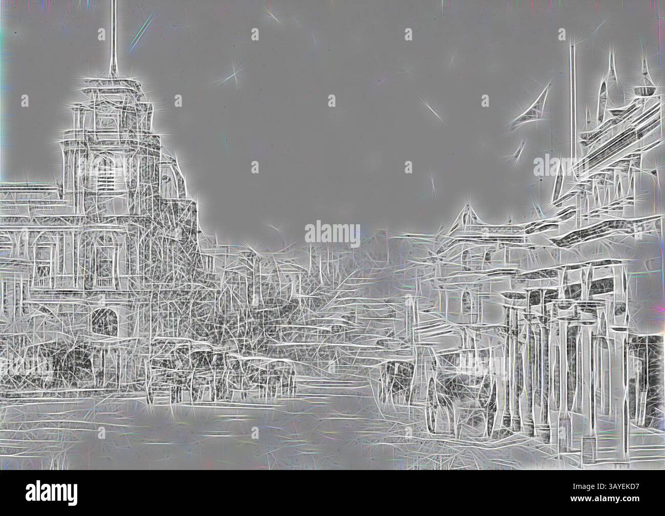 Una stravagante rappresentazione di un'elegante scena architettonica, caratterizzata da edifici intricati e da una torre lontana, il tutto avvolto da una debole nebbia che ne esalta la grandezza. Negativo - Melbourne, Victoria, circa 1885, che guarda a est lungo Bourke Street. L'ufficio postale di Melbourne è sulla sinistra e ci sono diversi veicoli trainati da cavalli. Arte classica con un tocco moderno reinventata da Artotop Foto Stock