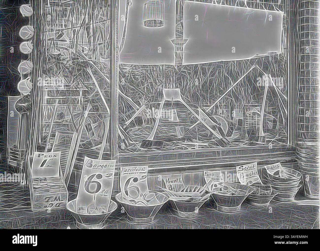 Una vetrina con vari cestini pieni di prodotti, contrassegnati con i prezzi, e circondati da uno sfondo di fogliame sparso ed elementi decorativi. La scena trasmette un senso di tranquilla vita di mercato con un tocco artistico. Negativo - Warracknabeal, Victoria, circa 1895, Una vetrina di asce alla Dally & Company. Sul lato dell'ingresso sono appese diverse teiere e le vasche di fronte alla finestra contengono: Pioli, spazzole per il cuore, spazzole per la pulizia, piatti di sapone e "occasioni". Arte classica con un tocco moderno reinventata da Artotop Foto Stock