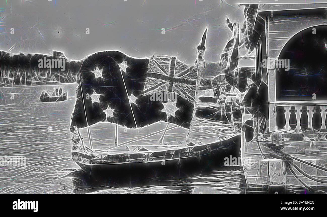 Una barca tradizionale adornata da una bandiera con stelle e una croce è ormeggiata accanto a un edificio storico, creando un tranquillo panorama sul lungomare. Negativo - Melbourne, Victoria, circa 1925, Una barca decorata per l'Henley on Yarra. Porta una grande bandiera australiana fatta di fiori. Sulla destra c'è una casetta per le barche. Arte classica con un tocco moderno reinventata da Artotop Foto Stock