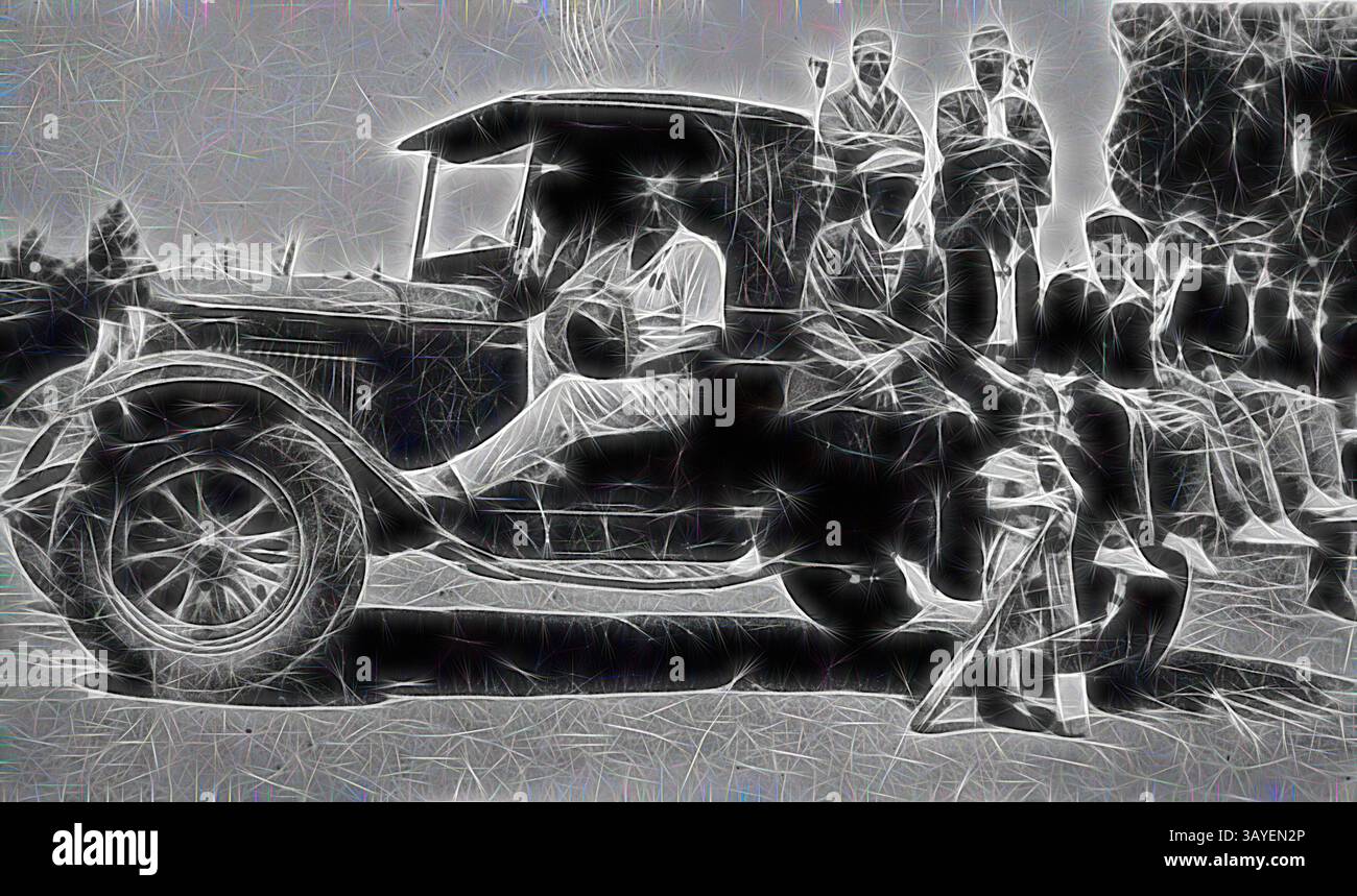 Un'auto d'epoca parcheggiata accanto a un gruppo di individui ben vestiti, che catturano un momento di cameratismo e stile di un'epoca passata., negative - Swan Hill District, Victoria, 1939, Un camion che trasporta un certo numero di uomini che giocano a cricket. Un ragazzino con una mazza si trova accanto al furgone. Arte classica con un tocco moderno reinventata da Artotop Foto Stock