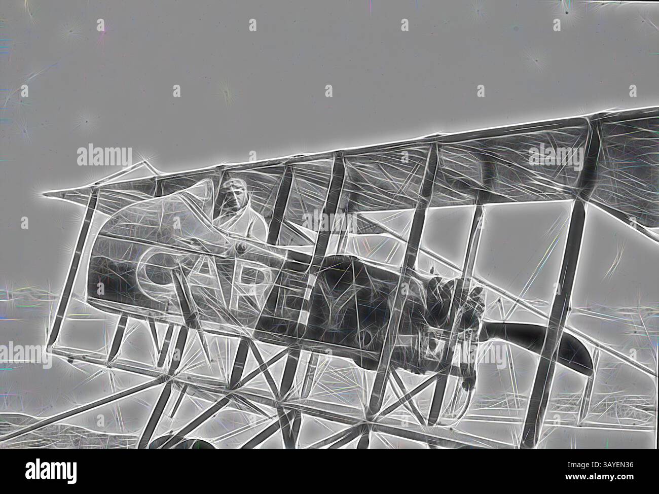 Un primo progetto di aeroplano caratterizzato da un pilota seduto in una cabina di pilotaggio aperta, circondato da una struttura robusta e grandi ali. La costruzione unica mette in risalto l'ingegnosità della prima aviazione, mostrando sia il pilota che la maestria artigianale del velivolo. Negative - R.G. Carey, Port Melbourne, Victoria, circa 1920, R.G. Carey nel suo ex-Central Flying School Farman Shorthorn biplano. Carey ha gestito un business di pubblicità aerea e di voli di gioia da Port Melbourne durante gli anni '1920 e '1930 Migliaia di persone hanno avuto la loro prima esperienza di volo su uno dei suoi aerei, arte classica con un tocco moderno Foto Stock