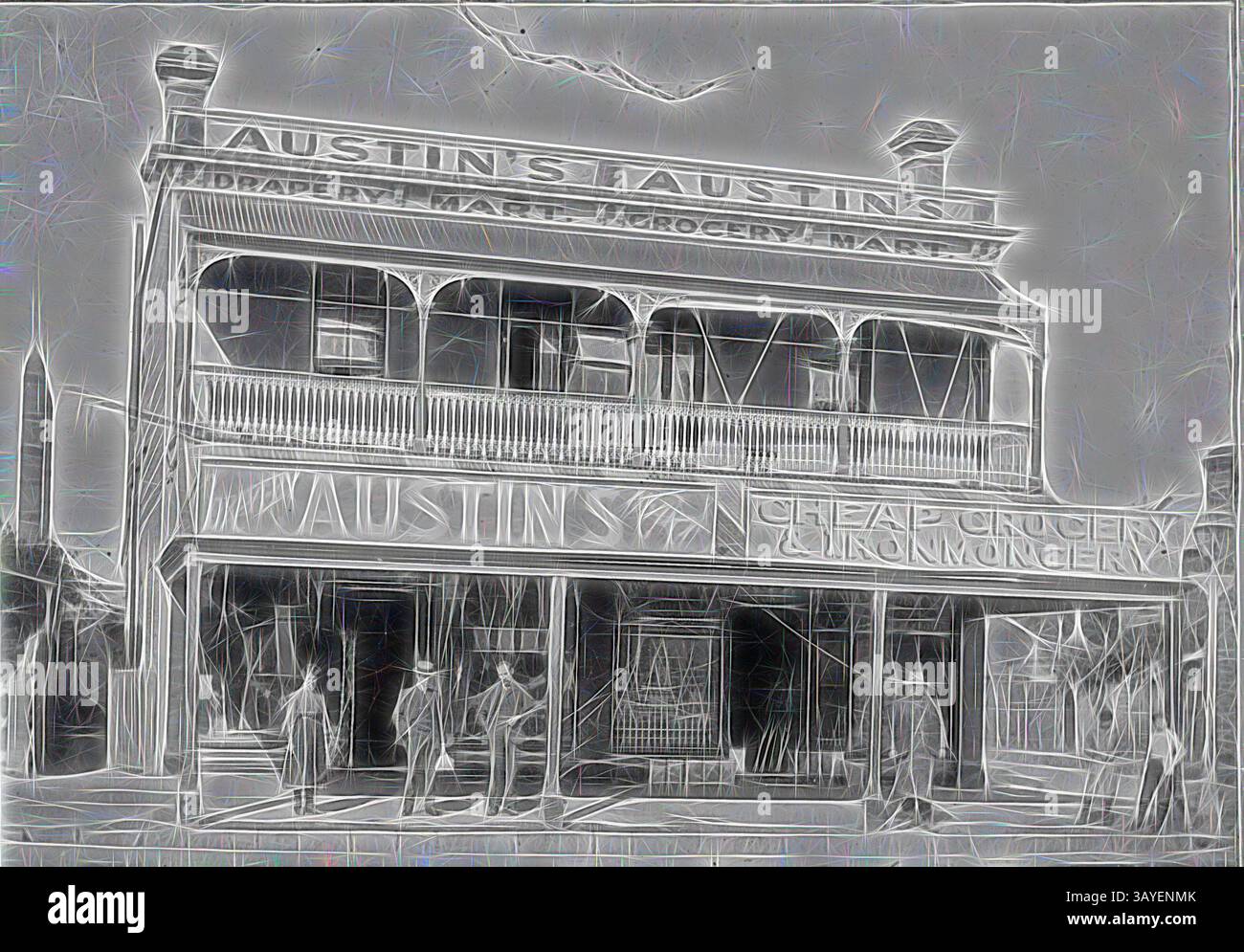 Un negozio storico con un grande cartello che recita "AUSTIN'S" in modo prominente, con le parole "CHEAP GROCERY" e "DRAPERY". Le persone possono essere viste all'esterno, e lo stile architettonico suggerisce un'epoca passata di commercio, con una struttura a due piani e un portico avvolgente., negativo - Adelaide, Australia meridionale, circa 1895, Un gruppo di persone di fronte al John Austin's Mart. La Moschea di Adelaide è visibile sulla sinistra. Arte classica con un tocco moderno reinventata da Artotop Foto Stock