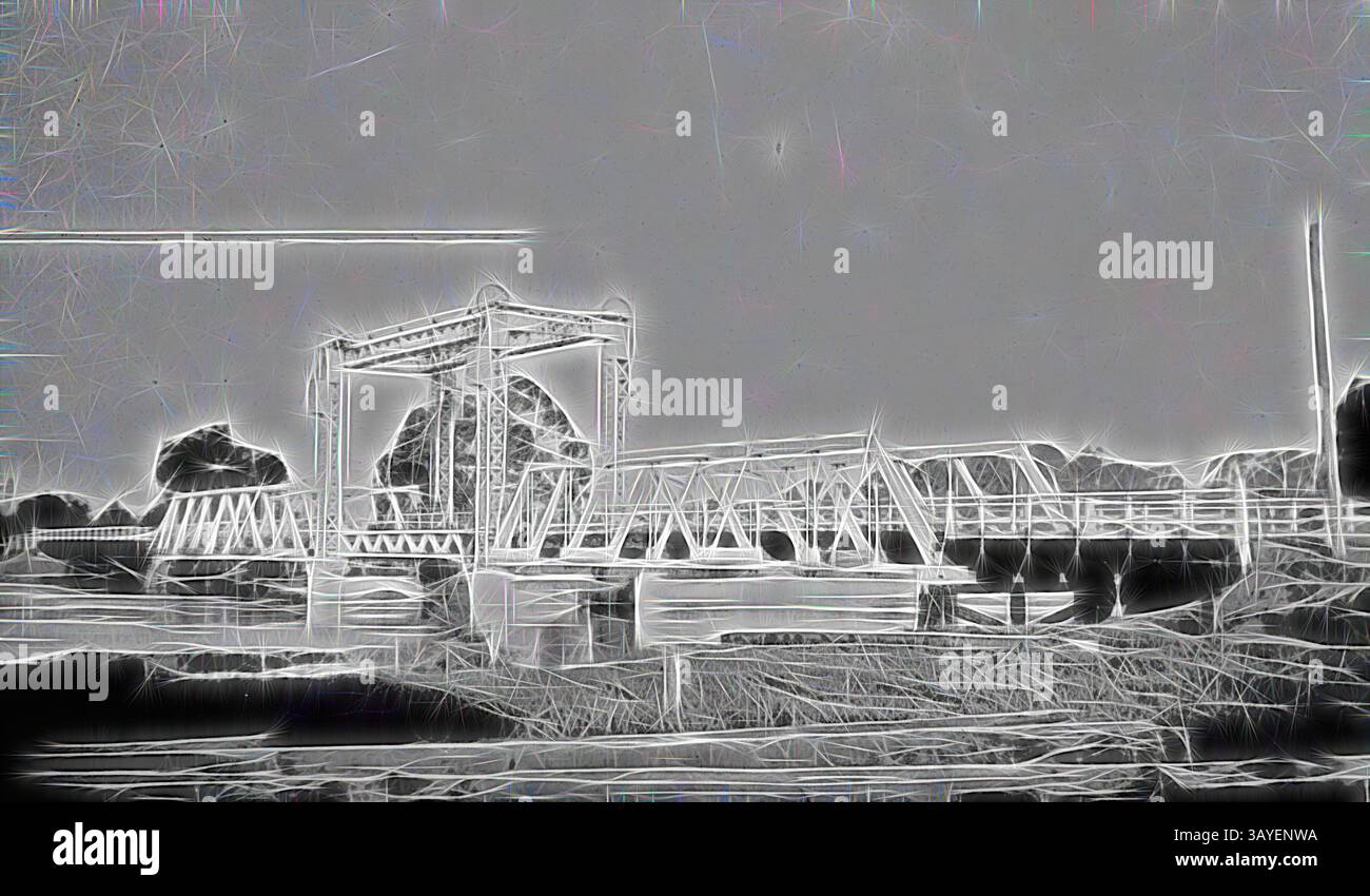 Un suggestivo ponte si erge sullo sfondo di alberi e di un fiume calmo, mostrando intricati dettagli della sua struttura in uno stile creativo e astratto. Le linee e le texture aggiungono una qualità eterea, trasformando il familiare in una scena da sogno. Negative - Australia, circa 1935, Un ponte a capriata., arte classica con un tocco moderno reinventato da Artotop Foto Stock
