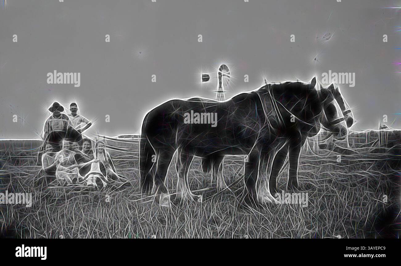 Un cavallo forte si trova in un campo, mentre un gruppo di persone si radunano nelle vicinanze, impegnati in varie attività. Sullo sfondo, un mulino a vento cattura la brezza, aggiungendo un senso di vita rurale alla scena., negativo - Cobden District, Victoria, circa 1930, Un gruppo familiare su una slitta trainata da cavalli. Sullo sfondo c'è un mulino a vento. Arte classica con un tocco moderno reinventata da Artotop Foto Stock