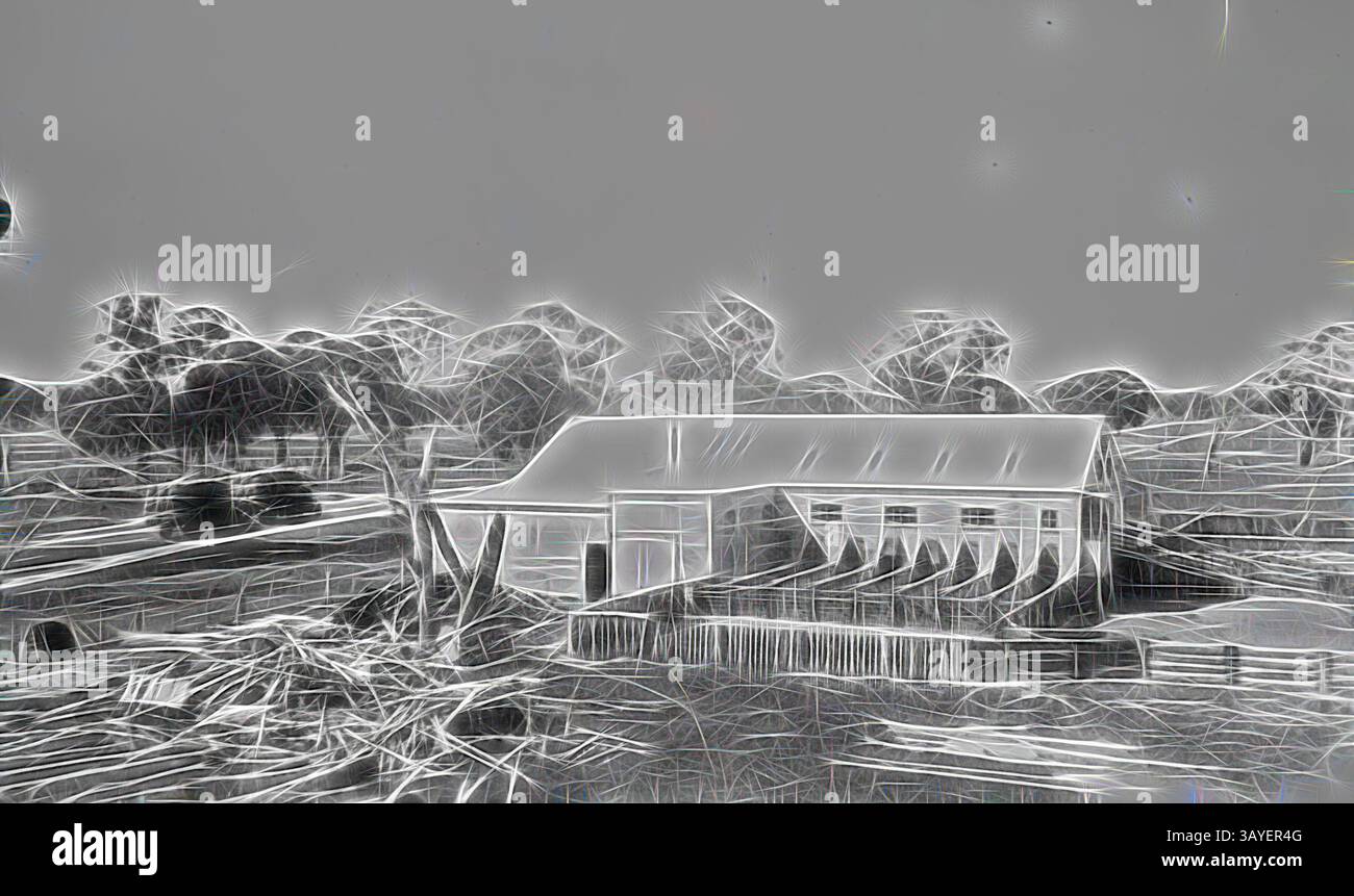 Un fienile rustico si trova in mezzo a un paesaggio di alberi, con contorni intricati che mostrano la sua struttura su uno sfondo soffice. La scena cattura un'atmosfera rurale serena, sottolineando la semplicità della vita di campagna. Negativo - Tocumwal, New South Wales, pre 1950, Un capannone di tosatura. Sulla sinistra è presente un mucchio di legname e due camion carichi di balle di lana sullo sfondo. Questo è stato il primo carico di lana che ha lasciato il nuovo capannone. Arte classica con un tocco moderno reinventata da Artotop Foto Stock