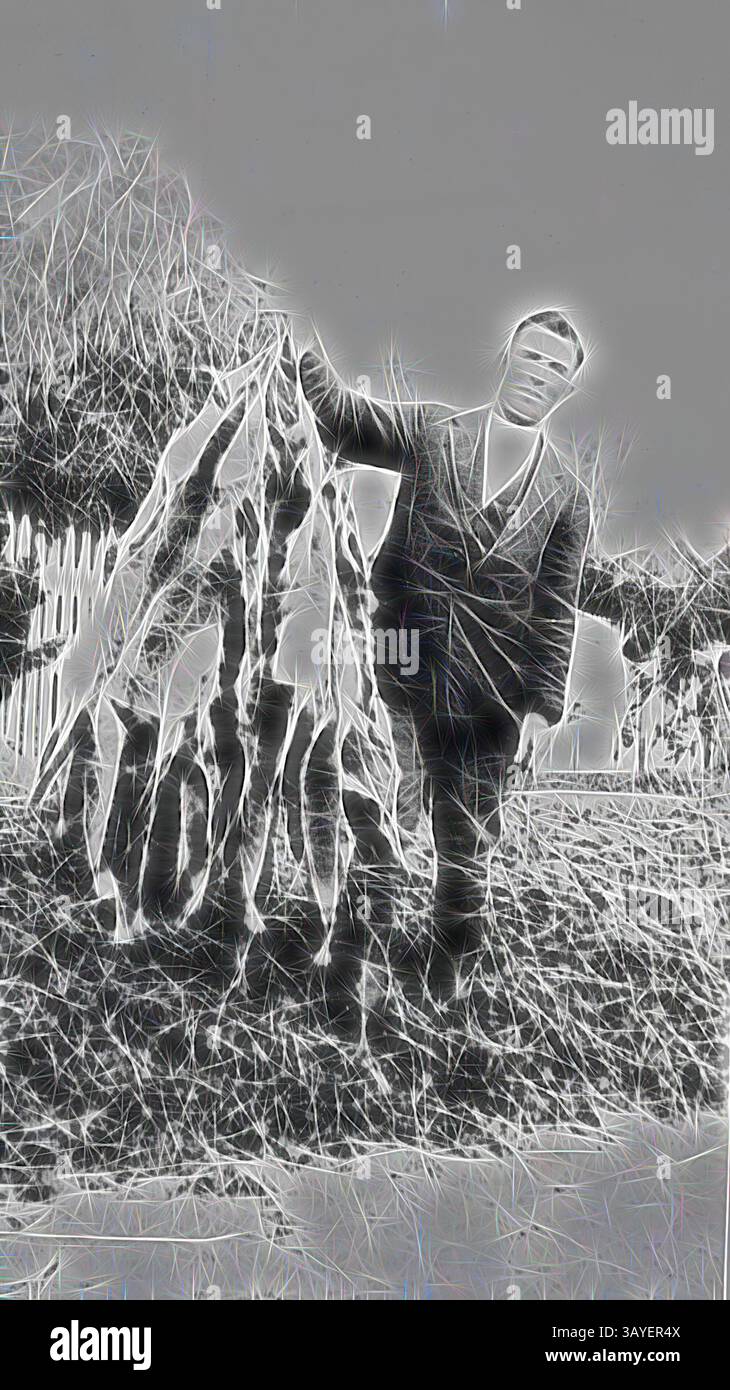 Una persona si trova accanto a un grande fascio di radici intricatamente intrecciate, mostrando la consistenza organica e la complessità del materiale naturale. La figura è vestita con un abbigliamento formale, aggiungendo un contrasto alla robustezza delle radici. Lo sfondo presenta una recinzione e alcune foglie, suggerendo un ambiente rurale., negativo - New South Wales, 1927, Un uomo con un certo numero di pelli di volpe., arte classica con un tocco moderno reinventata da Artotop Foto Stock