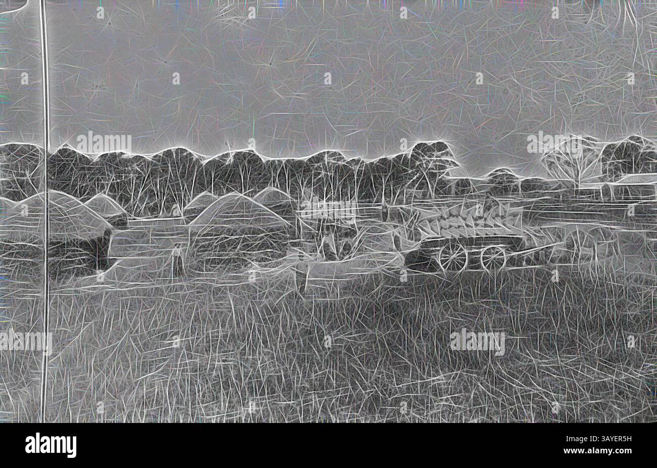Un tranquillo paesaggio caratterizzato da una collezione di fienili in un campo tranquillo, incorniciato da alberi lontani sotto un cielo sottile. Un carro è visibile, aggiungendo un senso di fascino rustico all'ambiente pittoresco. Negativo - Sandford, Victoria, circa 1920, Chaffcutting sulla stazione di "Trevellas Downs". Sulla destra sono presenti numerosi fienili e un carro. Arte classica con un tocco moderno reinventata da Artotop Foto Stock