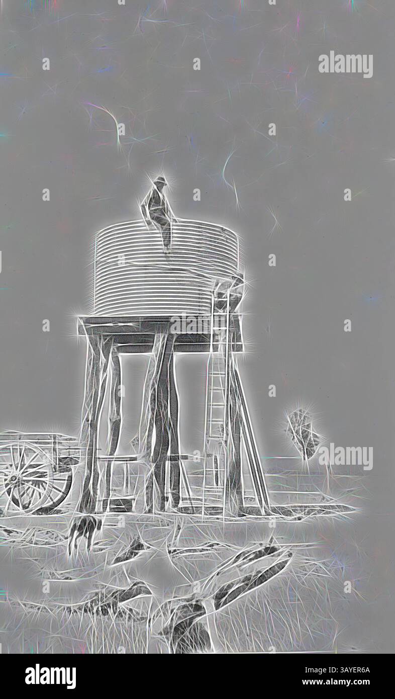 Una figura sagomata si bilancia in cima a un alto serbatoio d'acqua, circondato da un paesaggio arido e rami sparsi. Un carro di legno si appoggia nelle vicinanze, aggiungendo un'atmosfera rustica e duratura della scena. Negativo - Nhill District, Victoria, 1920, sollevando una cisterna d'acqua su un cavalletto della fattoria Heatherlea. La canotta è ora in posizione e un uomo è seduto sopra di essa., arte classica con un tocco moderno reinventata da Artotop Foto Stock