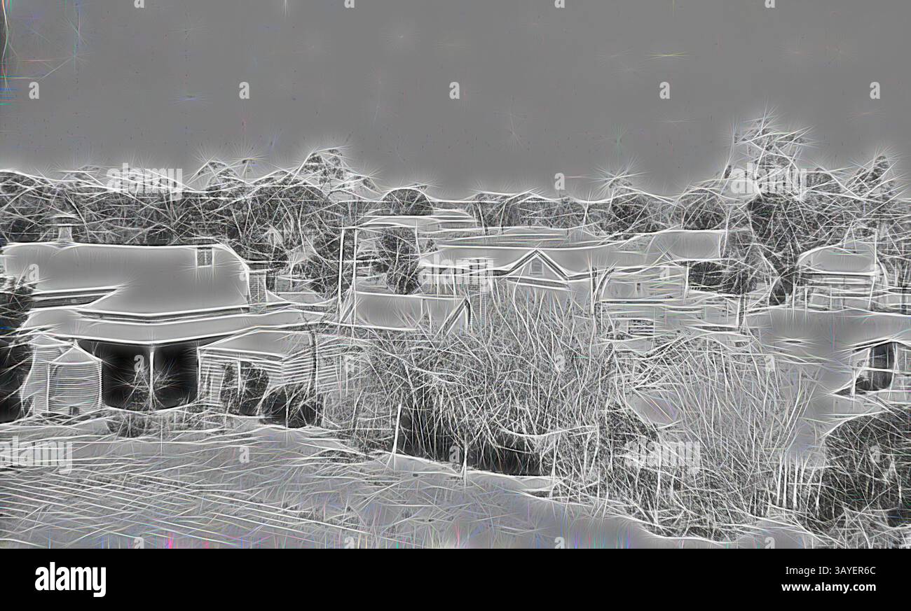 Una vista stilizzata di un quartiere, con case e alberi, in cui i contorni sono definiti con precisione e creano un aspetto dinamico e quasi astratto. L'atmosfera è serena, con un pizzico di fantasia nei dettagli intricati del paesaggio. Negativo - Nhill District, Victoria, 1919, Farm Buildings sulla fattoria "Boxdale". L'edificio in primo piano, accanto alle vasche d'acqua, era la fattoria originale costruita nel 1876. Fu in seguito utilizzato come alloggio per le cameriere quando la nuova casa fu costruita nel 1901. Arte classica con un tocco moderno reinventata da Artotop Foto Stock