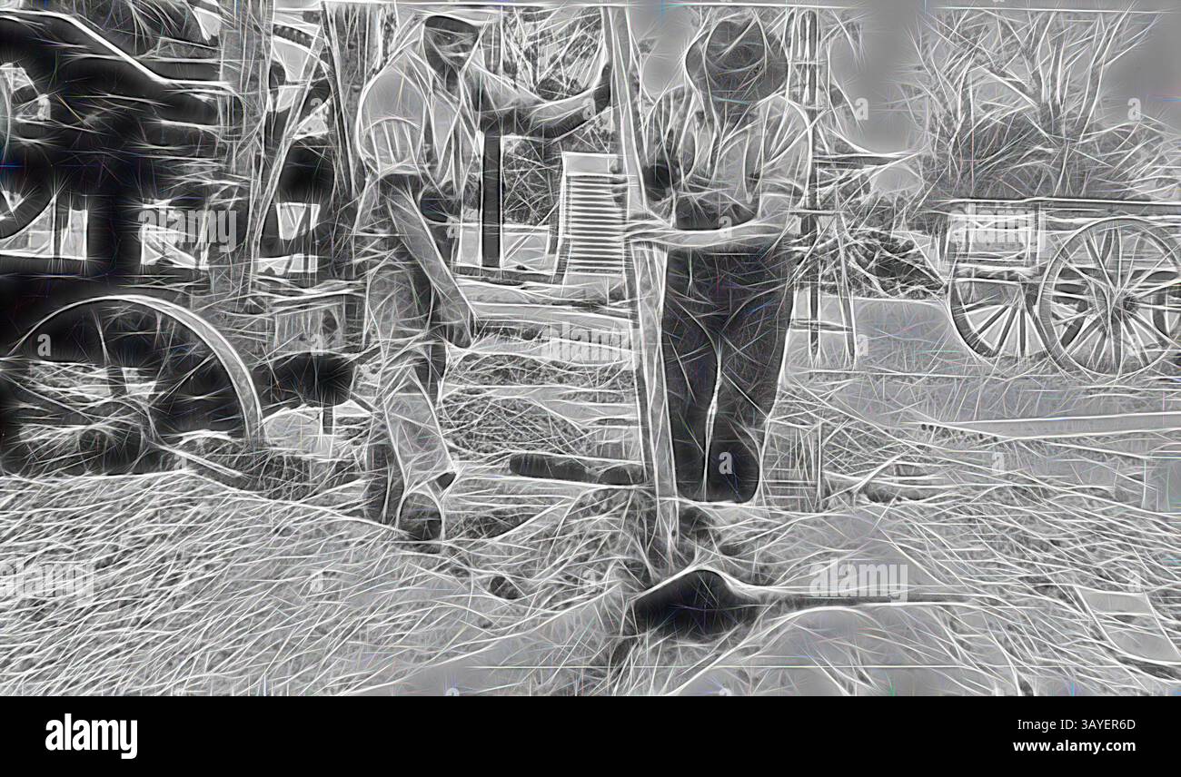 Due lavoratori si impegnano nel lavoro manuale, utilizzando una pala per spostare il materiale in un ambiente rustico. Le attrezzature tradizionali e gli elementi storici li circondano, evocando un senso di duro lavoro e di industria di un'epoca passata. Negativo - Nhill District, Victoria, 1920, due uomini che costruiscono un tunnel nella fattoria di Heatherlea., arte classica con un tocco moderno reinventata da Artotop Foto Stock