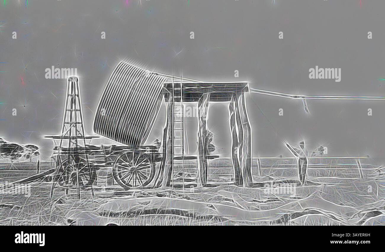 Un mulino a vento d'epoca si erge accanto a una struttura in legno, con una vela curva pronta a cogliere la brezza. Sullo sfondo, un vasto campo aperto si estende in lontananza, incorniciato da alberi sparsi. La scena cattura un senso di fascino rustico e di un'agricoltura tranquilla. Negativo: Nhill District, Victoria, 1920, solleva una cisterna d'acqua su un supporto nella fattoria di Heatherlea. I cavi sono collegati alla canotta che è ancora parzialmente appoggiata su un carro. Arte classica con un tocco moderno reinventata da Artotop Foto Stock