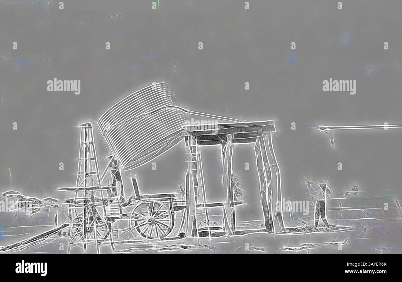 Accanto ad una struttura in legno si erge un mulino a vento d'epoca, con elementi di macchinari visibili nelle vicinanze, il tutto evidenziato da un bagliore morbido e etereo. La scena evoca un senso di nostalgia e semplicità nella vita rurale. Negativo - Nhill District, Victoria, 1920, che solleva una cisterna d'acqua su una stalla nella fattoria Heatherlea. I cavi sono collegati alla canotta che ora ha sgombrato il carro., arte classica con un tocco moderno reinventata da Artotop Foto Stock