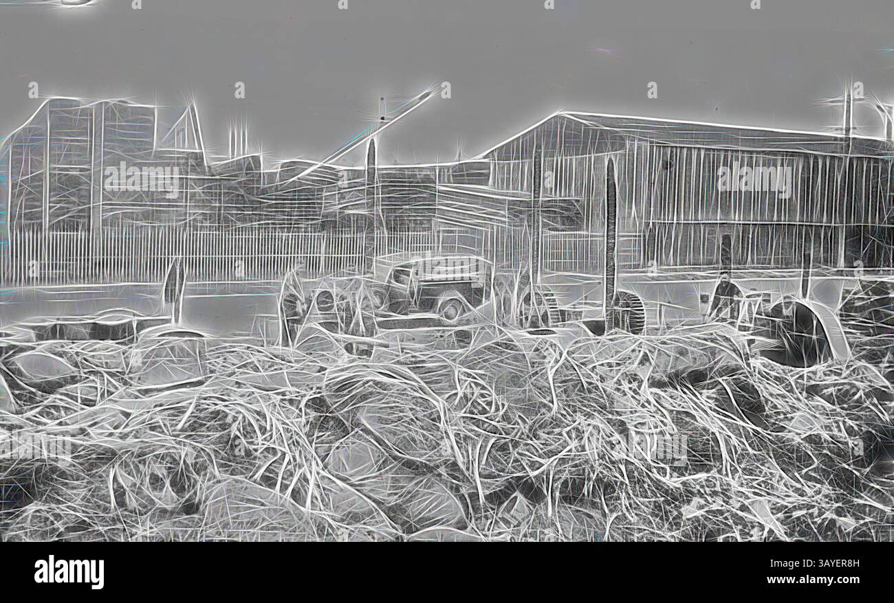 Una serie aggrovigliata di materiali scartati circonda un veicolo d'epoca, sullo sfondo di edifici e attrezzature industriali. La scena trasmette un senso di abbandono e abbandono, con linee e forme intricate che creano un ambiente surreale. Negativo - South Melbourne, Victoria, febbraio 1938, The Kenworth Rubber Reclaim Proprietary Limited dopo essere stato distrutto da un incendio. I contenuti erano principalmente pneumatici vecchi. Sullo sfondo ci sono pile di legno e un cortile in legno. Arte classica con un tocco moderno reinventata da Artotop Foto Stock