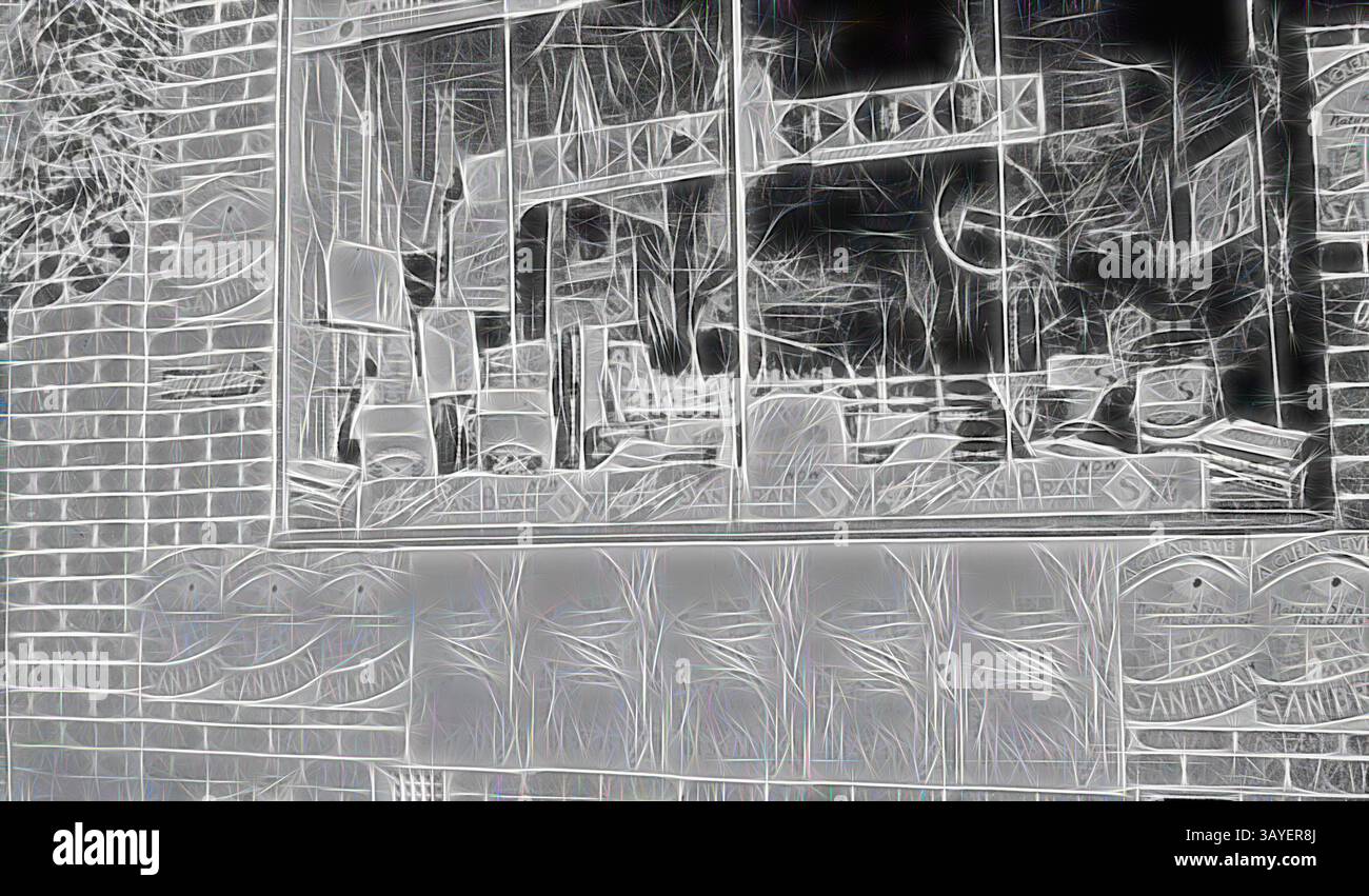 Una vetrina vetrata mostra una disposizione creativa di vari oggetti e riflessi, con un tocco artistico distintivo che enfatizza forme e motivi. La scena è stratificata da insegne e texture, invitando lo spettatore ad esplorare i dettagli all'interno., negative - Elsternwick, Victoria, 1937, la vetrina vincitrice di premi in un concorso gestito da un'associazione commerciale locale. Era un negozio di alimentari, arte classica con un tocco moderno reinventata da Artotop Foto Stock