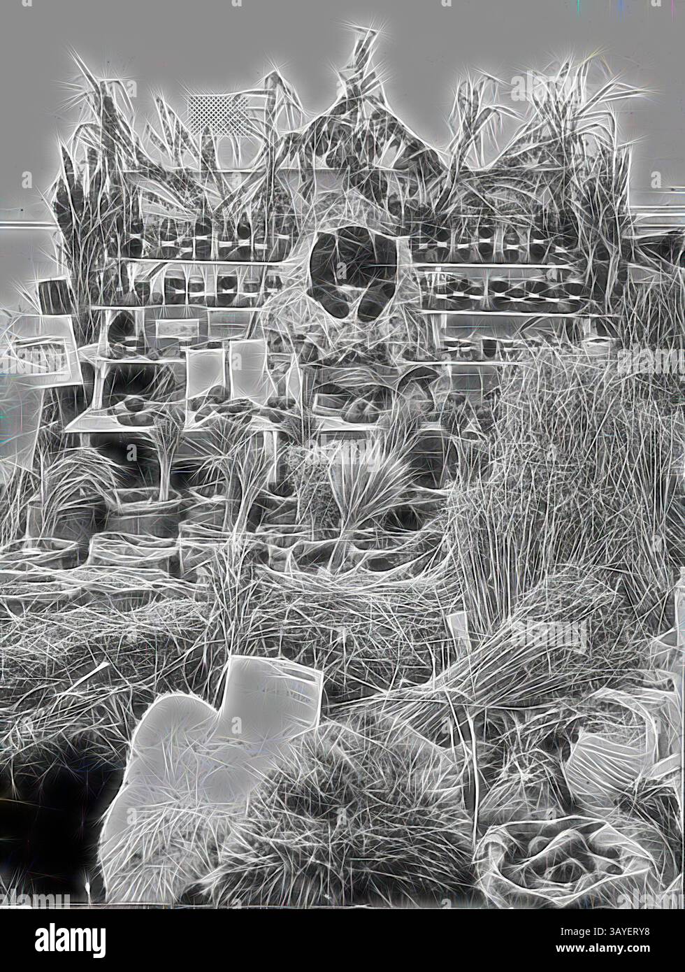 Una collezione di varie piante esposte tra gli scaffali rustici in legno, creando una composizione strutturata e stratificata che mette in risalto la bellezza naturale e la diversità del verde. La disposizione include diverse specie, vasi e materiali naturali, evocando un'atmosfera serena e terrosa., negative - produce Exhibit, Royal Melbourne Show, Flemington, Victoria, 1914, la mostra del distretto del primo premio al Royal Melbourne Show del 1914. Tutti i prodotti mostrati sono stati prodotti nella fattoria "Boxdale" di Nhill. La fotografia visibile a sinistra della mostra è stata scattata e sviluppata da James Batson., arte classica con a Foto Stock