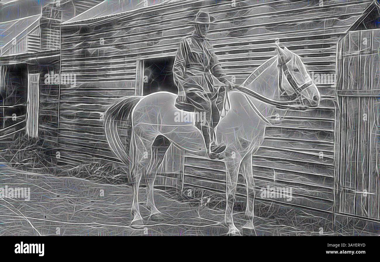 Un cavaliere arroccato su un cavallo si erge all'esterno di un rustico fienile di legno, creando un contrasto sorprendente tra le figure e l'ambiente circostante. La scena trasmette un senso di tradizione e connessione con la natura. Negativo - Hamilton District, Victoria, prima del 1915, Un soldato a cavallo, che si ritiene sia stato preso quando era in congedo finale prima di partire per la prima guerra mondiale, arte classica con un tocco moderno reinventata da Artotop Foto Stock
