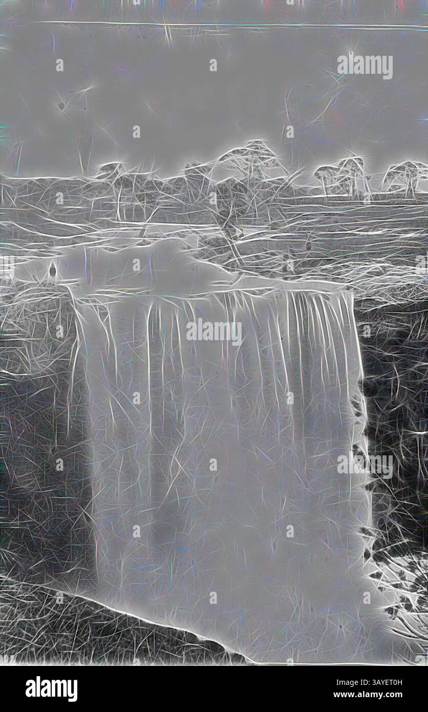 Una cascata si tuffa in una profonda piscina sottostante, circondata da terreni accidentati e alberi lontani, creando un tranquillo paesaggio naturale. Negativo: Wannon Falls, Victoria, circa 1880, le Wannon Falls., arte classica con un tocco moderno reinventata da Artotop Foto Stock