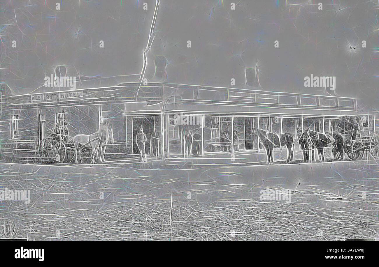 Un hotel storico si erge di rilievo, con carrozze trainate da cavalli e cavalieri riuniti fuori, catturando un senso di viaggio e di ritrovo sociale di un'epoca passata. Negativo - James Lyall Coach fuori dal Western Hotel, Balmoral, Victoria, 1890, uno degli autobus di James Lyall fuori dal Western Hotel a Balmoral. Il signor Illingsworth, proprietario dell'hotel, si trova di fronte alla porta. Sulla sinistra ci sono un uomo e una donna in carrozza trainata da cavalli, arte classica con un tocco moderno reinventata da Artotop Foto Stock