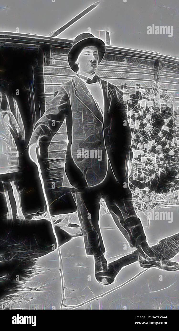 Un uomo vestito con un abbigliamento formale, completo di cravatta e cappello, si erge con sicurezza accanto a una struttura rustica, tenendo in mano un bastone. La sua posa trasuda un senso di raffinatezza e fascino, mentre il verde circostante aggiunge un elemento naturale alla scena., negativo - Mansfield District, Victoria, 1923, A Woman (?) Vestito da Charlie Chaplin. E' presente un edificio in legno sullo sfondo con un grande arbusto fiorito accanto ad esso. Un uomo e una donna si trovano all'ingresso dell'edificio, arte classica con un tocco moderno reinventata da Artotop Foto Stock