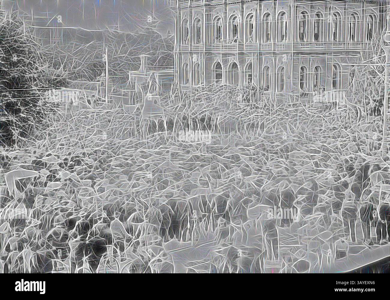 Una scenografia estesa piena di dettagli intricati, che mostra una fitta gamma di fogliame in primo piano, contrastando con una grande struttura architettonica sullo sfondo. La composizione presenta una miscela di elementi naturali e artificiali, creando un'impressionante interazione visiva., negative - Bendigo, Victoria, 1904, svelando il Memoriale dei soldati. L'ufficio postale di Bendigo è sullo sfondo. Arte classica con un tocco moderno reinventata da Artotop Foto Stock