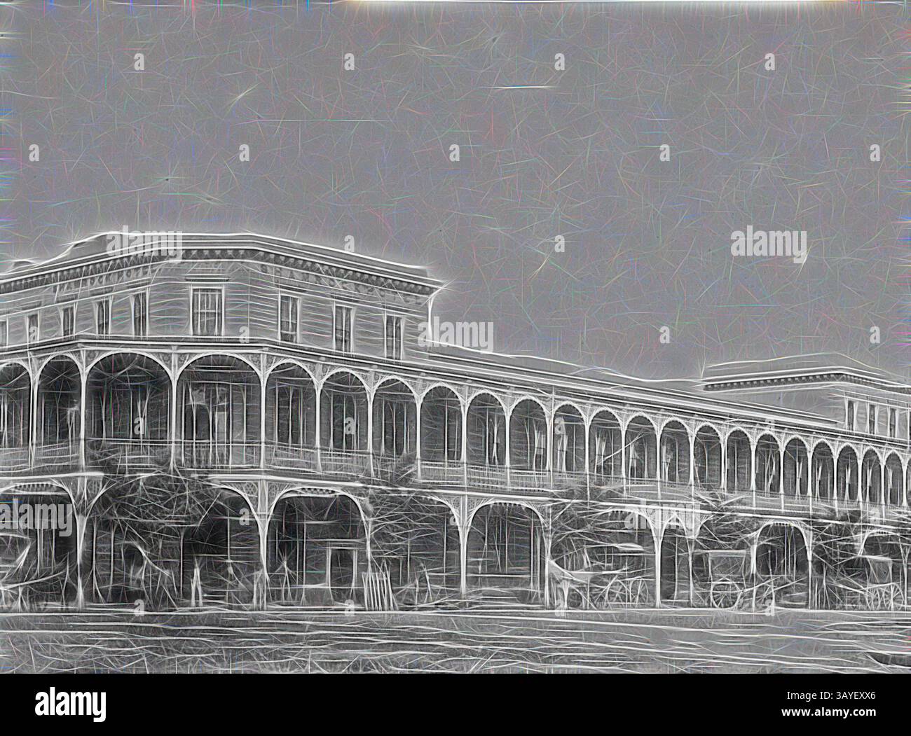 Un grandioso edificio storico si erge con diverse verande ad arco, che mostrano intricati dettagli architettonici. Circondato da alberi e spazi aperti, trasuda un senso di eleganza e fascino senza tempo. Negativo - Bendigo, Victoria, 1890, l'hotel Shamrock con una serie di veicoli trainati da cavalli davanti., arte classica con un tocco moderno reinventata da Artotop Foto Stock